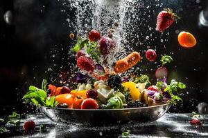 A Bowl of Fresh Fruits and Vegetables in a Water Splash photo