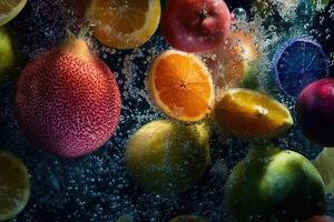 A Close-Up of Various Fruits Submerged in Water with Bubbles photo