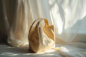 Beige Tote Bag Rests Against White Sheer Fabric Draped Over Windowsill photo