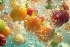 Vibrant Fruits Submerged in Sparkling Water with Air Bubbles photo