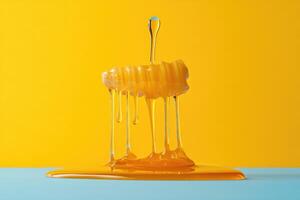 Golden Honey Dripping from a Comb on a Yellow and Blue Background photo