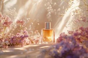 A bottle of amber perfume resting on a soft, sun-drenched background with delicate pink and white flowers. photo