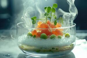 Steaming Glass Bowl with Orange Jello, Pea Pods, and Ice photo