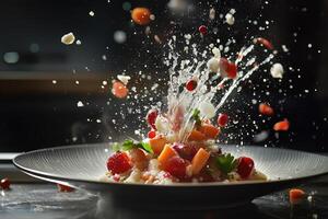 Fruit Salad with Splashing White and Red Elements photo