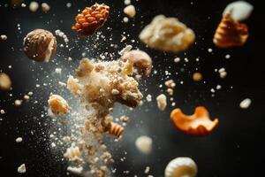 Suspended Cereal and Nuts Against a Dark Background photo