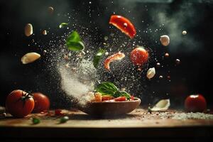 A Wooden Bowl Filled with Tomatoes, Basil, and Other Ingredients with a Burst of Flavor Surrounding It photo