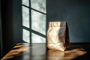A Brown Paper Bag In Front Of A Window With Sunlight Shining On It photo