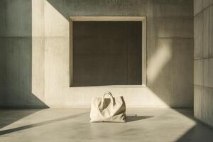 Beige Tote Bag in a Concrete Room with Sunlight photo