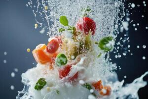 Frozen Vegetables and Herbs in a Water Splash photo