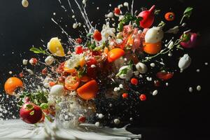 Fresh Fruits and Vegetables Exploding in Milk photo