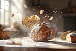 Freshly Baked Bread Crumbs in Mid-Air photo