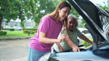 Grandmother and grandchild help each other execute a basic engine check on their parents' automobile photo