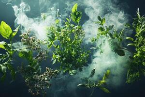 Lush Greenery and Smoke Swirling in a Mysterious Dark Setting photo