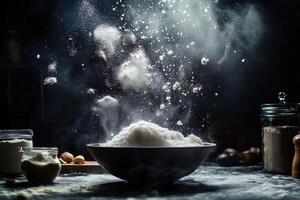 Flour Exploding From a Bowl on a Dark Background photo