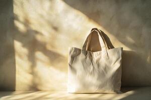 A White Canvas Tote Bag Sitting on a Sandy Floor photo