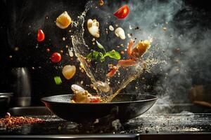 A bowl of ingredients exploding with smoke and water photo