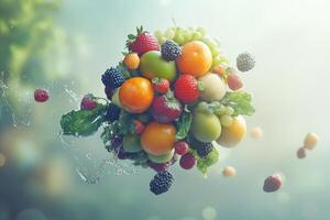 A Cluster of Fresh Fruit and Berries Suspended in Air with Water Splashes photo