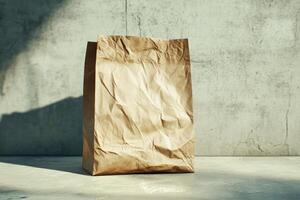 A Crumpled Brown Paper Bag on a Light Concrete Surface photo