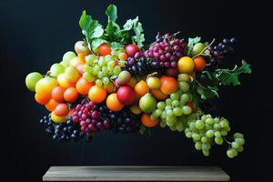 A Vibrant Arrangement of Fresh Fruit and Grapes Hanging Over a Wooden Tabletop photo