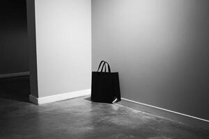 Black Shopping Bag in Corner of Room with White Walls photo