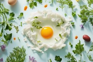 A Sunny-Side-Up Egg Surrounded by Greenery and Spices photo