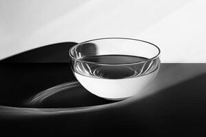 A Glass of Water with Light and Shadow Play on a Black and White Surface photo