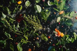 A Close-Up View of Green Herbs and Spices Floating in a Dark Liquid photo