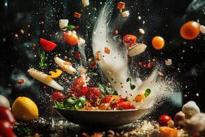 A Bowl of Fresh Salad Ingredients in mid-air Explosion photo