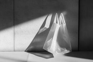 A Single White Plastic Bag Against a Gray Concrete Wall photo