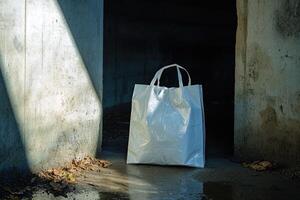 White Plastic Bag Abandoned in a Dark Alleyway photo