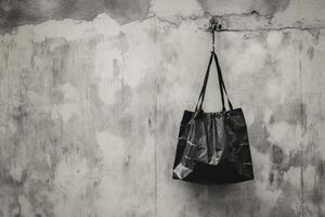 Black Plastic Bag Hanging on a Concrete Wall photo