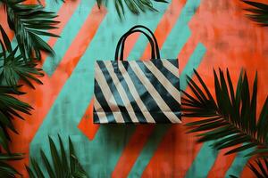 Striped Shopping Bag with Tropical Leaves on a Diagonal Painted Background photo