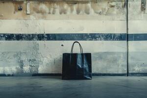 Black Paper Bag in Front of Distressed Concrete Wall photo