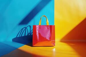 Red Shopping Bag with Yellow Handles on a Blue and Yellow Background photo