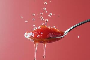 A spoonful of red sauce dripping against a red background photo