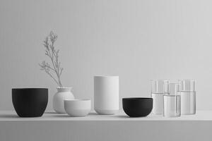 Still Life with White and Black Vessels and a Delicate Branch photo