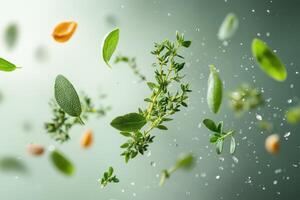Suspended Sage and Thyme Sprigs with Water Droplets photo