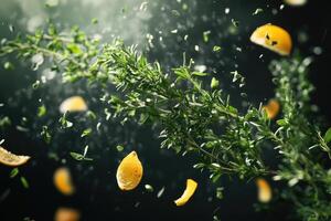 Thyme and Lemon Slices Falling Through the Air photo