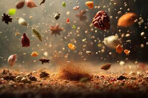 Spices Falling onto a Bed of Ground Spices photo
