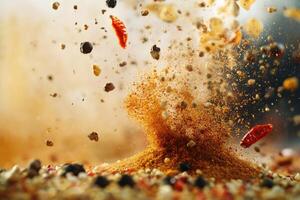 A Cloud of Spices Exploding Over a Pile of Ground Spices photo