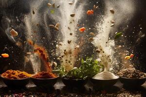 A Dramatic Explosion of Spices and Herbs in Bowls photo
