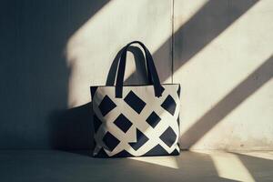Black and White Geometric Patterned Tote Bag on Concrete Floor photo