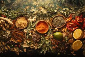 A Collection of Spices, Herbs, and Citrus Fruits on a Rustic Background photo