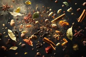 A vibrant medley of spices and herbs frozen mid-air, creating a captivating culinary symphony. photo