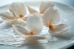 Delicate White Flower Petals with Visible Veins on a White Surface photo