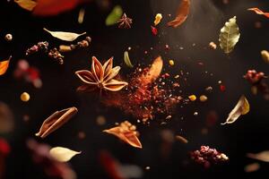 Aromatic Spices and Herbs Floating in Mid-Air with a Burst of Powder photo