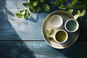 Teacups and Green Leaves on a Rustic Blue Wooden Table photo