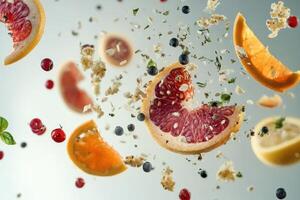 Floating Citrus Fruit Slices and Berries with Crumbs photo