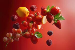A Mix of Red, Yellow, and Green Fruits Falling on a Red Background photo