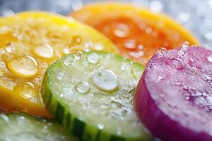 Macro View of Sliced Vegetables with Dew Drops photo